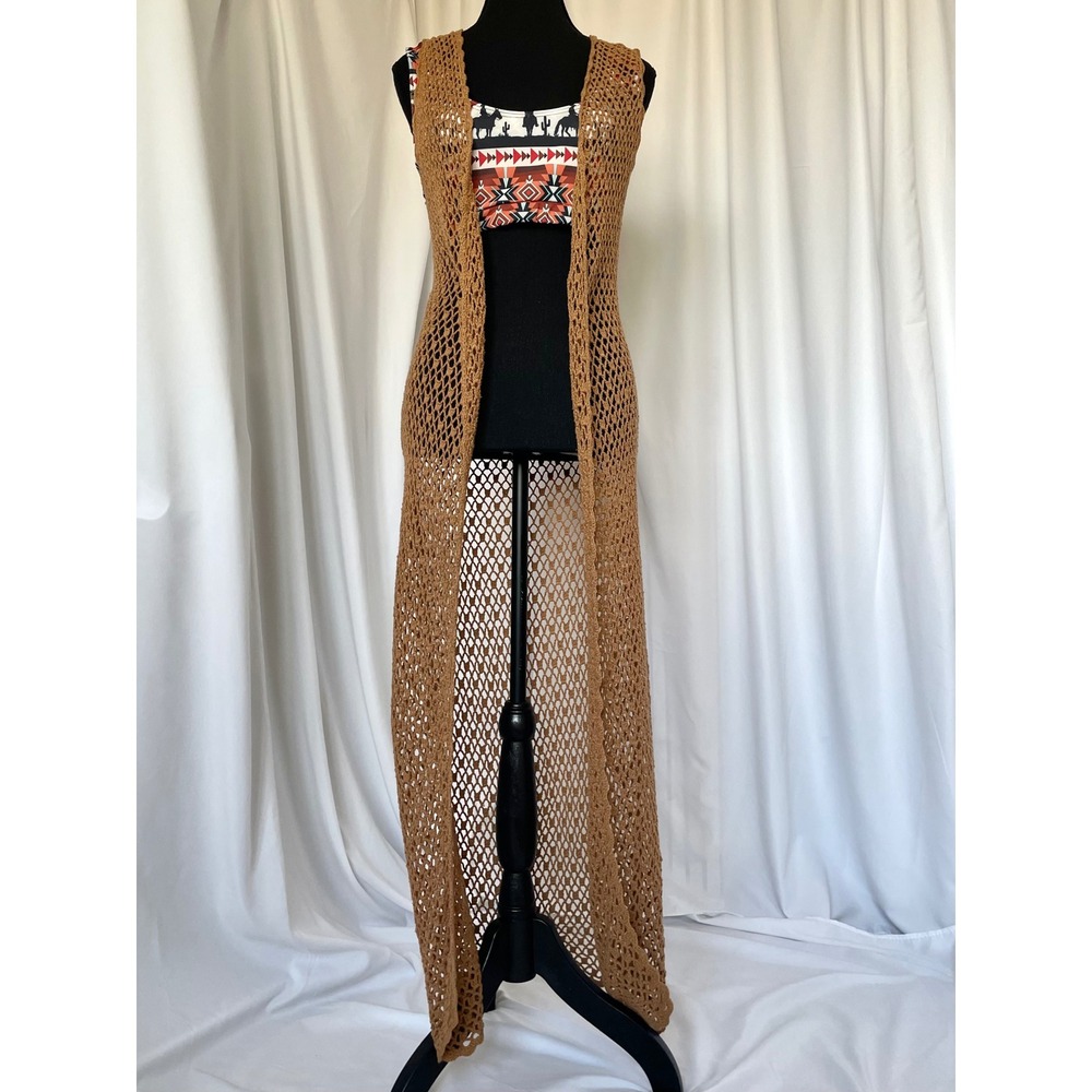 Brown Size S Crochet Maxi Sleeveless Duster Full Length Vest Open Knit Camel Tan